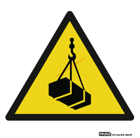 Hanging load! - Warning sign IMPLASER - 9x9 cm transparent self-adhesive