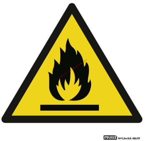 Be careful! Flammable material! - Warning sign IMPLASER - 9x9 cm transparent self-adhesive