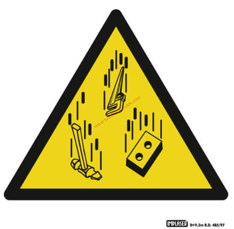 Vigyázz! Leeső tárgyak - Figyelmeztető jel IMPLASER - 9x9 cm átlátszó öntapadó