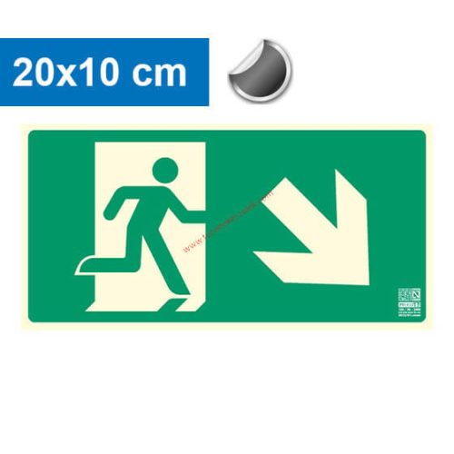 Escape route downwards to the right (stairs) pointing, Backlit self-adhesive sign 20x10 cm - IMPLASER B150