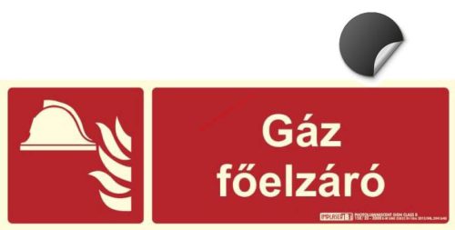 GÁZ FŐELZÁRÓ öntapadó felirat - Tűzvédelmi jel, Utánvilágító jel 30x10 cm - IMPLASER B150